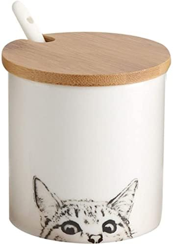 FimGlk Sucrier en céramique avec couvercle et cuillère Motif chat Blanc