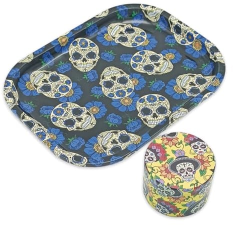 Genérico Grinder 50 mm + Tray 180 x 140 mm URBAN CREW | Ultra Sharp Blade and Metal Tray | Mexican Skull Design Print Premuin 360º | Grinder Set for Fine Shredding Herbs and Spices.