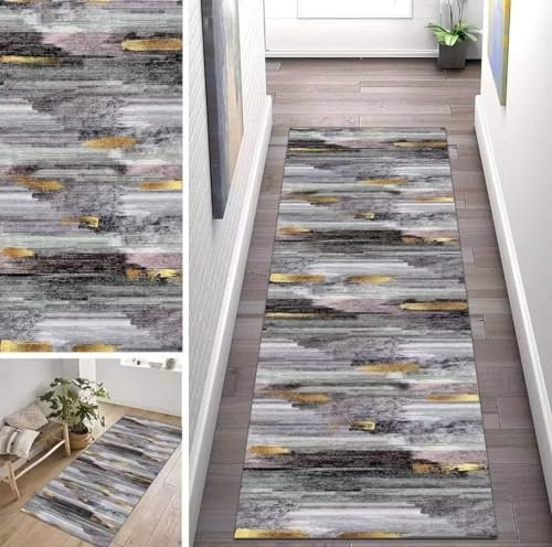 ZUZEKU Läufer Flur Küche Waschbar rutschfest 80X250cm Grau Gold Schwarz Lang Küchenteppich Flurteppich Teppich Fur Korridor Wohnzimmer Schlafzimmer Meterware Anpassbar