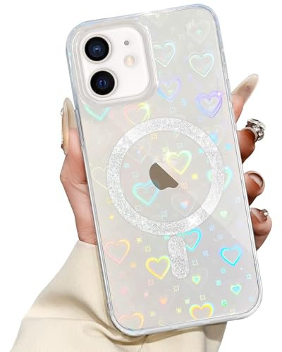 ÁRBOLORO Magnetisch Hülle für iPhone 12/12 Pro Kompatibel mit MagSafe Kabellosem Laden, Handyhülle Transparent Glitzer Love Herzen Effekt, Anti-Gelb Kratzfest Holografisch Glänzende Schutzhülle TSAX