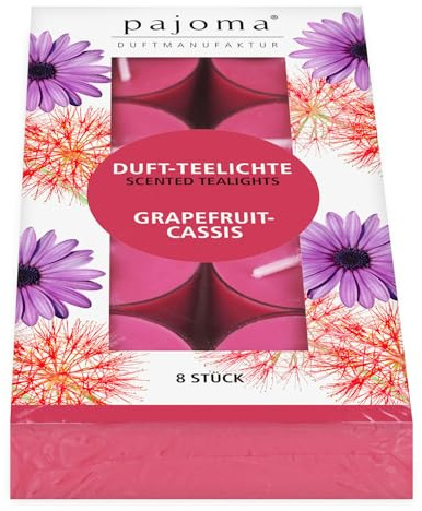 pajoma® Teelichte 8 Stück, Grapefruit-Cassis | Duft-Teelichte in Polycarbonathülle, Brenndauer ca. 4 Stunden - Höhe 1,5 cm ø 3,5 cm | Premium Qualität | Deko, Gastronomie