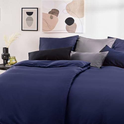 Blumtal Mako Satin Bettwäsche 200x220 Set & 2X 40x80 Kissenbezug Dunkelblau - Oeko Tex Zertifizierte Satin Bettwäsche aus 100% Baumwolle - edler Bettbezug Glanzoptik 200x220 Satin mit Reißverschluss