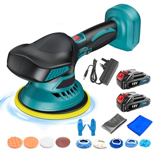 Poliermaschine Auto, Exzenter Poliermaschine Auto 21V, 6 Variable 6000RPM Geschwindigkeiten, 145cm Akku Poliermaschine mit 2 x 3000mAh Batterien für Wachsen und Polieren von Autos