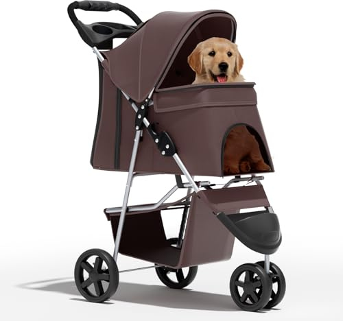 BRIGHTORIA Katzen- und Hunde-Kinderwagen, 3 Räder, Haustier-Kinderwagen für mittelgroße und Welpen, 13,6 kg, Katzenbuggy für 1 Katze, faltbarer Hundebuggy mit Aufbewahrungskorb und Getränkehalter