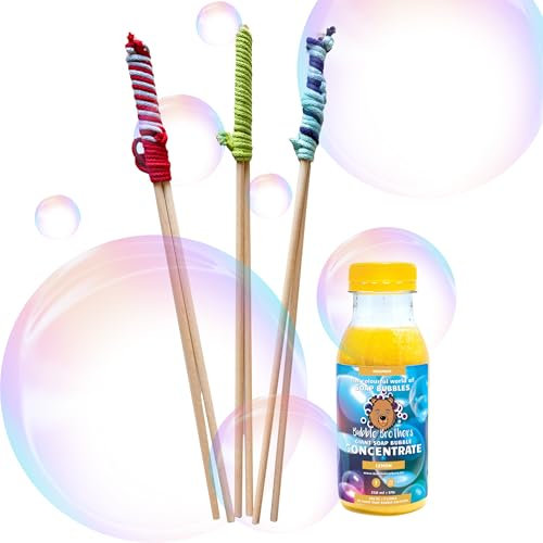 Bubble Brothers Riesenseifenblasen Set 3 Holz Seifenblasenstäbe 3 Stile 50cm lang Seifenblasen-Stab für grosse Seifenblasen Set für Kinder (3- teliges Set + Konzentrat 250ml für 5 Liter)