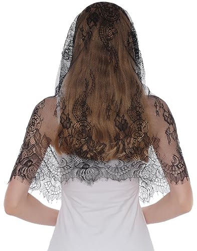 OHYER schleier brautschleier fascinator black veil schwarzer schleier halloween Damen Mantilla Schleier Spitze Kapelle Schal Stola christliches kopftuch Hohler Umschlagtuch Fransen (Schwarz)