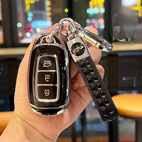 HAHYHL Car Key Fob for Hyundai i10,Automotive Remote Case Fashion Key Holder Key Shell for Men Women Cool Key Protection Cover Car Decorative Accessories,E-Black