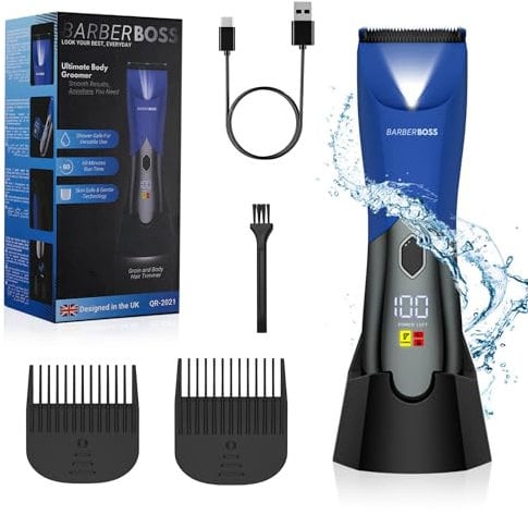 BarberBoss Balls Trimmer Men, Pubic Hair Trimmer for Men, Groin & Body Shaver, Body Groomer, Intimate Hair Clippers with Travel Lock, Men's Groomer (Blue)
