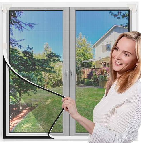 MEKOTRIN Magnetic Window Screen with Frame, Adjustable DIY Fly Screen Window Net Max 100x120 cm Black Fiberglass Mesh Screen Kit Easy Installation Prevents Mosquitoes Insects Flies(White Frame)