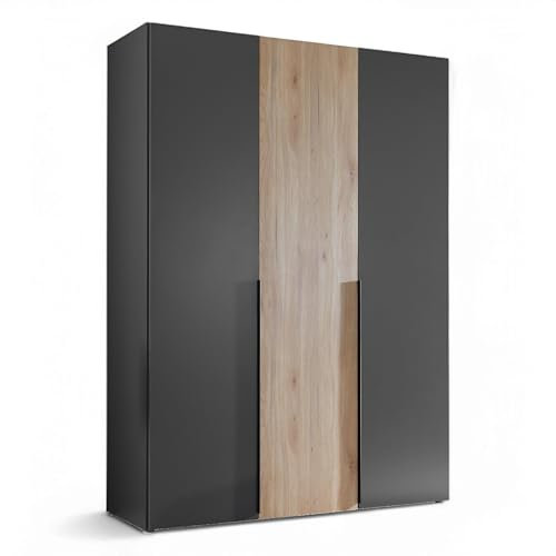 Stella Trading ASKA Kleiderschrank in Graphit, Mauvella Eiche Optik - Vielseitiger Drehtürenschrank 3-türig für Ihr Schlafzimmer - 150 x 210 x 53 cm (B/H/T)