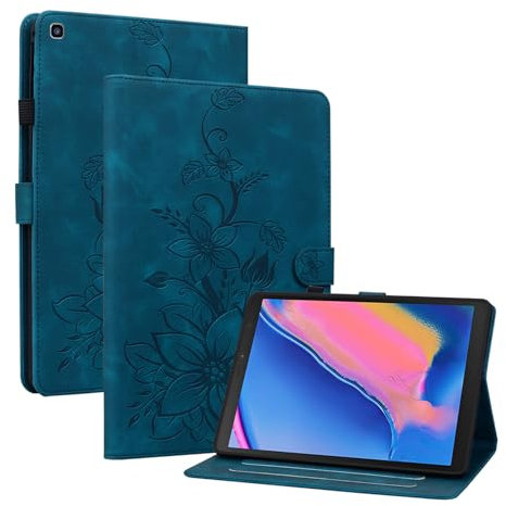 Rosbtib Coque pour Samsung Galaxy Tab A 8.0 (2019) 8 SM-T290/T295, Multi-Angles de Visualisation Housse de Protection en Similicuir avec Porte-Carte Couverture Motif Lys, Bleu