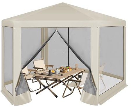 WOLTU Tonnelle de Jardin Extérieur, avec Moustiquaire, Pergola Jardin Extérieur, Tente de Réception, avec Parois Latérales en Maille, Barnum 3,8 x 3,3 m, Hexagone (Beige)