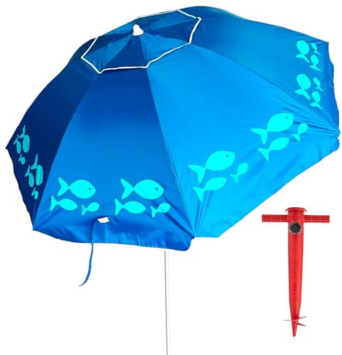 Pincho Sombrilla Playa Grande 220cm, Antiviento hasta 35km/h, Proteccion UV50+, Aluminio, 8+8 Varillas de Fibra, Ventana Superior, Inclinable, Ligera, Bolsa Transporte (Color 1)
