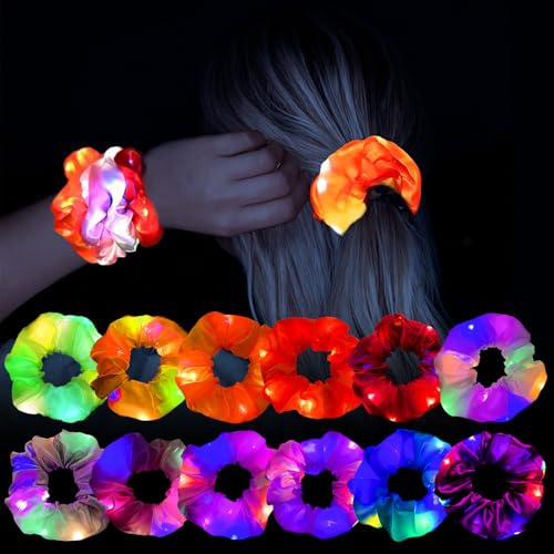 Herbst 12 Stück Leuchtende Haargummis, LED Haarbänder Satin Haarschmuck | mit 3 Licht Modi, Leuchtarmbänder für Damen Mädchen Frauen Weihnachten Karneval Musikfestival Festival Party Accessoires