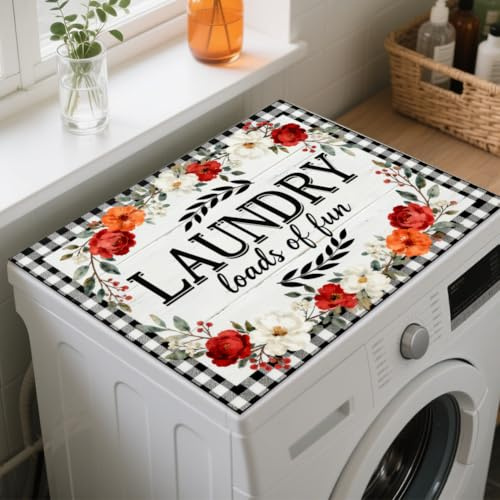 GLOBLELAND Tapete de 23.6 x 19.7 pulgadas con diseño de corona de flores retro, para lavadora, secadora, protector superior para lavadora, cuadrícula vintage, antideslizante, para lavaderos