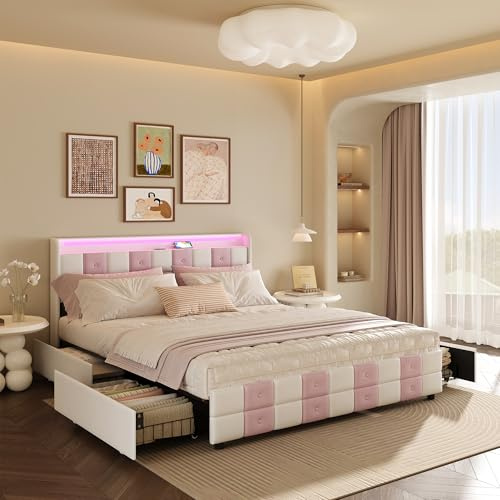 Aneutr Lit Double 140x190 avec Sommier et 4 tiroirs Rangement, Lit Coffre avec Éclairage LED et Ports USB, Lits 2 Personnes e tête de lit rembourré pour Adultes et Ado, Velours (Blanc+Rose, 140x190)