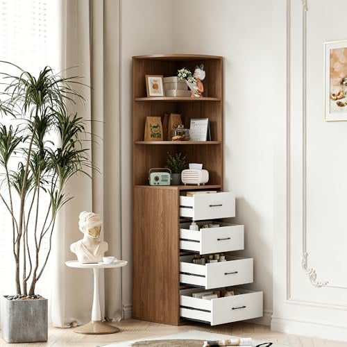 Rainbow Tree 3-Tier Shelves & 4 Drawers Corner Cabinet Brown for Living Room/Bedroom, Bathroom Corner Storage Cabinet, Reversible Drawer for Left/Right (Brown 4 Drawer 3-Tier Shelf:40×40×170cm)
