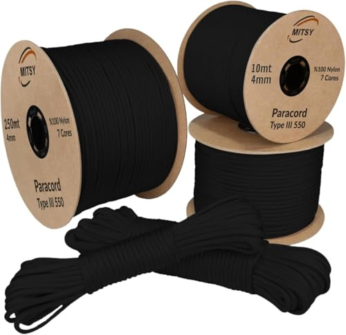 MITSY Paracord 550 Typ III Nylon Schnur 4 mm 10 Meter Schwarz | Fallschirmschnur, 7 Kern Seil, Reißfest & Wetterfest, Allzweckseil für Camping, Outdoor & Survival, 10m, 25m, 50m, 100m, 250m