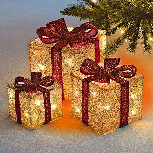 Decorative Coloured Christmas Parcel LED Light-Up Set with Bow | Indoor Outdoor Xmas Lights | Festive Holiday Sparkle Decor - Set of 3 Gift Box Decorations (Cream & Red)