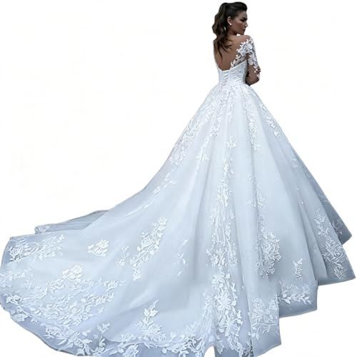 Left Girl Robe de Mariée Dentelle Manches Longues A-Line - Blanc