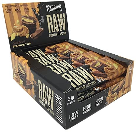 Warrior Raw Protein Bars – 12 x 75g Oat Bar Flapjacks – High Fibre, Low Sugar – Ideal Meal Replacement or Healthy Nutrition Energy Snacks - HFSS / GMP Certified – UK Made (Chocolate Peanut Butter)