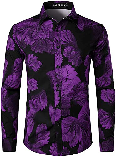PARKLEES Chemise boutonnée à manches longues en polyester imprimé 3D pour homme, violet, XXL