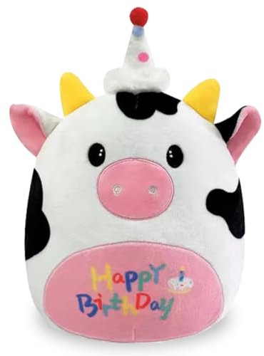 Zaloife Happy Birthday Kuh Plüschtier Schwarz Weiß, Geburtstag Kuscheltier 27cm, Stofftier Plush, Lustiges Superweiches Plüsch Puppe Geschenk für Kinder