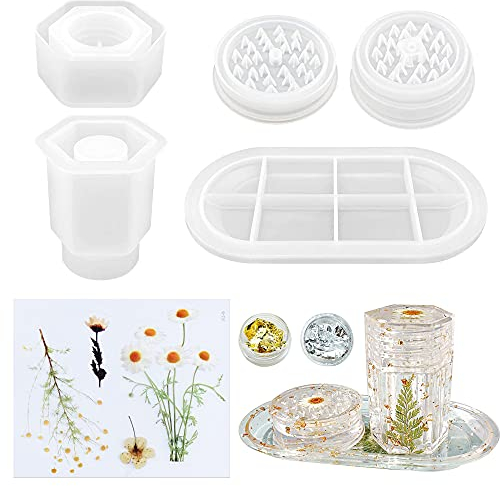 Woohome 3 Pz Stampi per Resina Macinacaffè Grande, Vassoio Silicone Resina Vaso con Coperchio, Fiori Secchi e Fiocchi di Lamina d'oro per Macinare Erbe, Stoccaggio in Contenitori