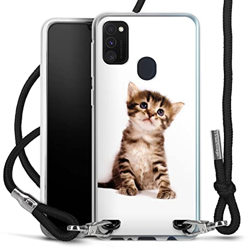 DeinDesign Carry Case kompatibel mit Samsung Galaxy M30s Hülle mit Band Handykette zum Umhängen schwarz Katze Tiere weiß
