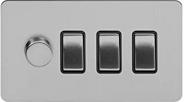 Soho Lighting Brushed Chrome Flat Plate 4 Gang Switch with 1 Dimmer (1x150W LED Dimmer 3x20A Switch)