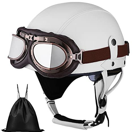 Casque Moto Vintage Cuir Retro Scooter Open Face Demi-Casque avec Lunettes Certifié ECE pour Homme et Femme Adultes - Sac de Rangement Inclus
