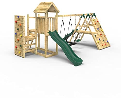 Rebo® Children's Extended Tower Wooden Climbing Frame with Swings & Slide - Montana | Outdoor Toys | Sturdy Wooden Construction, Pressure Treated Timber