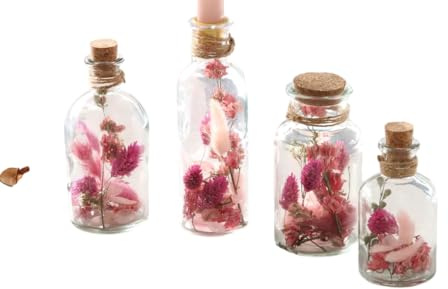 Gedankenwunder Manufaktur Trockenblumen im 4er-Set Glas mit Kerzen, Farbtöne Rosa