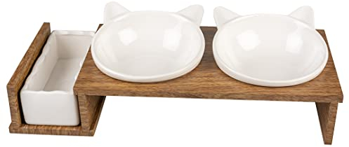 duvoplus, Set de 3 Bols en Céramique pour Chat, Modèle Stony Up, Support en Bois polywood, 3 Bols pour Manger, Boire et de l'herbe à Chat, Lavable au Lave-Vaisselle, 250 ML+350 ML, Blanc