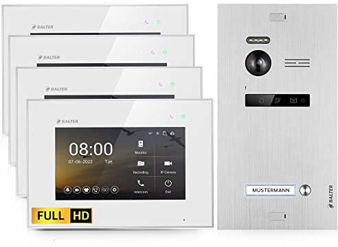 Balter EVO-HD Video Türsprechanlage, Video Türklingel, 1 Familienhaus Klingel, 4X 7 Zoll HD-Monitor, Full HD-Kamera, 2 Draht Bus, Gegensprechanlage mit 175° Weitwinkel-Kamera
