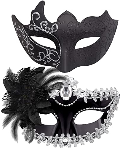 SIQUK 2 Piezas Máscara Mascarada Parejas Máscara Veneciana Media Cara Máscara para Mujer Hombre Mascarada Halloween Carnaval, Negro & Plata