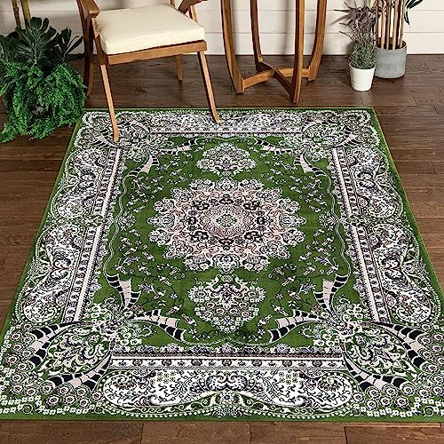 renoazul® Washable Green Rugs For Bedroom 160x230 cm - Jute Back Carpets For Living Room - Rada Vintage Large Living Room Rugs
