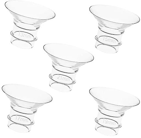 5 Pezzi Accessori Tiralatte, 13/15/17/19/21mm Indossabile Silicone Flangia Tiralatte Facile da Pulire Protezioni Tiralatte Parti di Ricambio Collettore Latte per Madri (Trasparente)