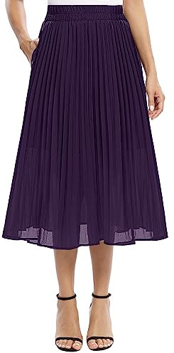EXCHIC Donna Casuale Chiffon Elastico Vita Linea A Pieghettato Midi Gonna con Tasca(L, Viola Scuro)