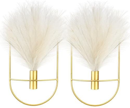 Peryiter 2 Pcs Boho Wall Decor Metal Gold Wall Art Hanging Planters with Artificial Pampas Modern Home Decor Display Art for Living Room Bedroom Bathroom(Oval)