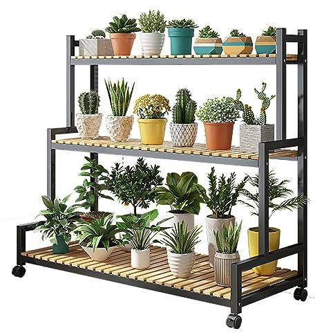DECORN 3-stufiges Pflanzenständer-Leiter-Pflanzenregal aus Metall Hoher Pflanzenständer Pflanzenregale aus Stahl und Holz für Den Innen- und Außenbereich für Terrasse, Garten, Eckbalkon,Black-100cm