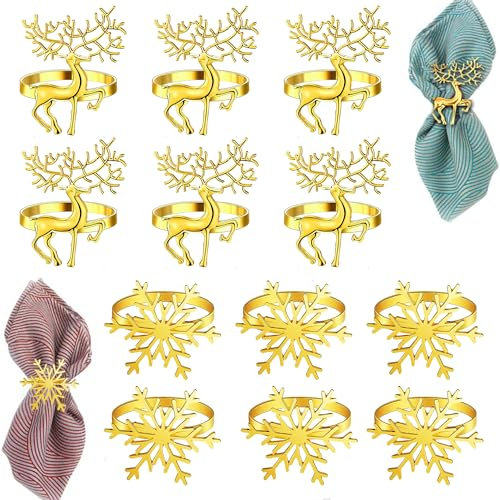 12 Stück Serviettenringe Weihnachten, 6 Stück Schnee Flocke Rentier Servietten Ring, 6 Stück Schneeflocke Serviettenringe, für Tischdeko Weihnachten, Party, Hochzeit, Thanksgiving (Gold)