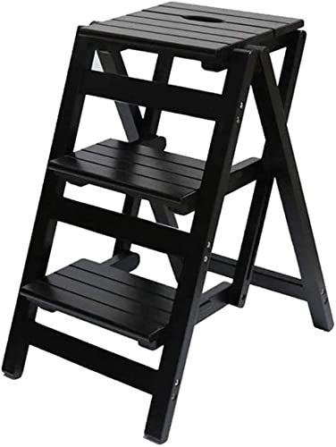 AAMNA Indoor-Kletterhocker, 3-Stufen-Leiterhocker, multifunktionaler Klapp-Treppenstuhl, Dual-Use-Tritthocker, Heim-Stufenleitern aus massivem Holz/Braun (Schwarz) (Schwarz R)