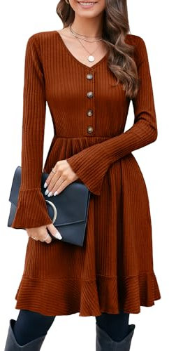 ULTRANICE Jumper Dress for Women UK Ladies V Neck Knitted Casual Dresses Decor Buttons Long Sleeve Winter Dress Brown