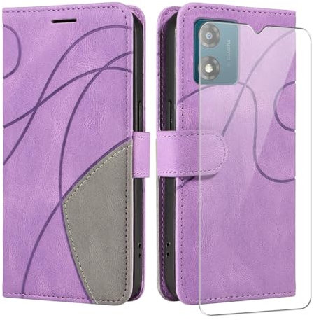 Coque pour Motorola Moto E13 avec 1 Pièces Protection Écran en Verre Trempé, Couleur Combinaison PU Cuir Flip Portefeuille Housse Étui pour Motorola Moto E13 - Violet