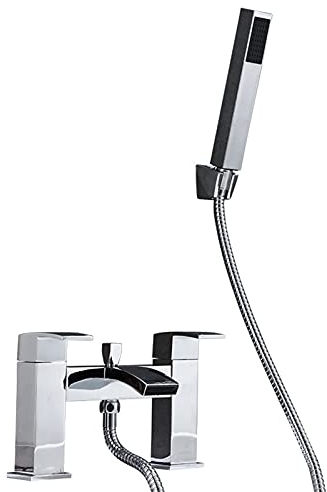 Badewannenarmaturen mit Duschkopf, Badezimmer-Wasserfall-Doppelgriff-Mischbatterie, Messing-Schwerkraftguss-Doppelloch-Badewannenarmatur, quadratisches Duscharmatur-Set, Chrom
