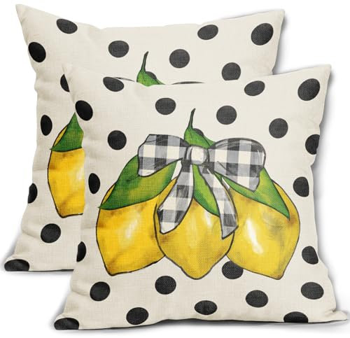 Set di 2 federe decorative per cuscini estivi, 40 x 40 cm, giallo limone, a pois, stile rustico, in cotone e lino, per divano, letto, primavera, estate, decorazione per la casa