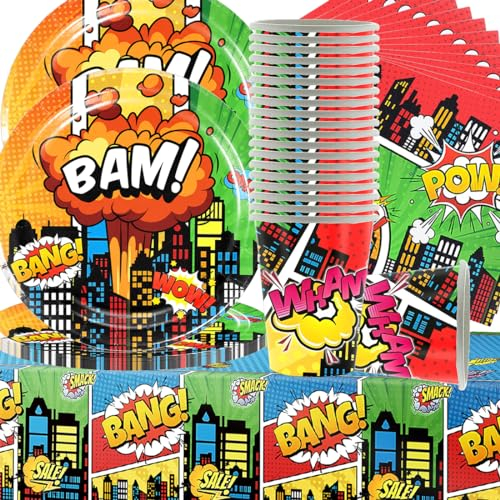 Doyomtoy Hero City Super-héros Vaisselle, Décoration Anniversaire, 20 personnes - Avec nappe, assiettes, serviettes et gobelets en carton - Pour anniversaire d'enfant