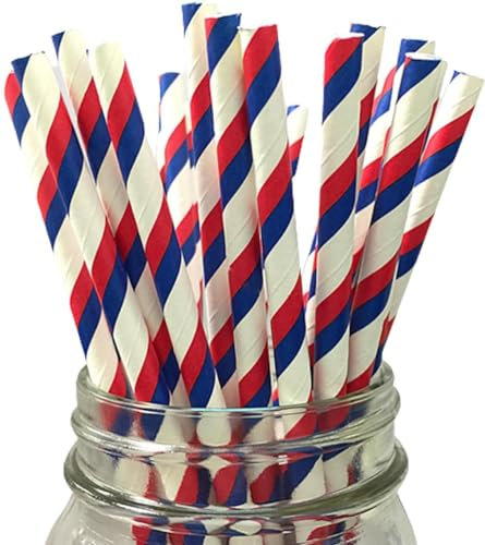 LUMOUS ROLA Paper Straws, Drinking Straws Assorted Bio Degradable Drinking Paper Straws Wedding Party, Party Straws, Restaurant, Juice Drinking Straws (50X White with Red Blue Stripes)
