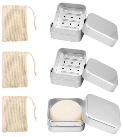 VINEST 3 Sets Seifendose aus Aluminium, Seifendose Reise Wasserdicht mit Abtropfgitter und Sisal Seifensäckchen, Seifenschale Rostschutz, Seifenbox mit Abnehmbarem Design zu Hause Oder auf Reisen